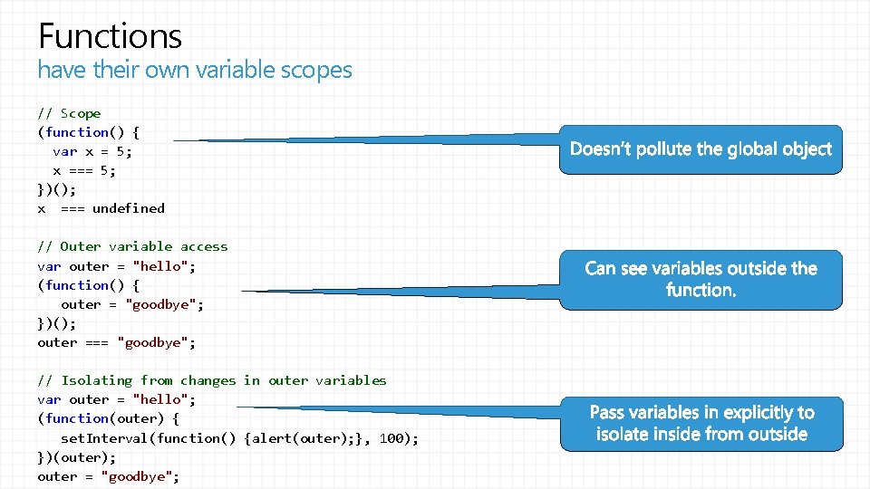 Functions have their own variable scopes // Scope (function() { var x = 5;