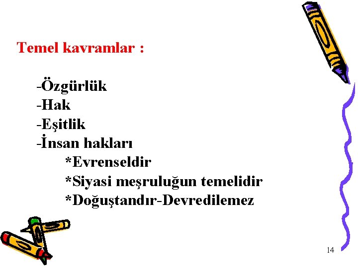 Temel kavramlar : -Özgürlük -Hak -Eşitlik -İnsan hakları *Evrenseldir *Siyasi meşruluğun temelidir *Doğuştandır-Devredilemez 14