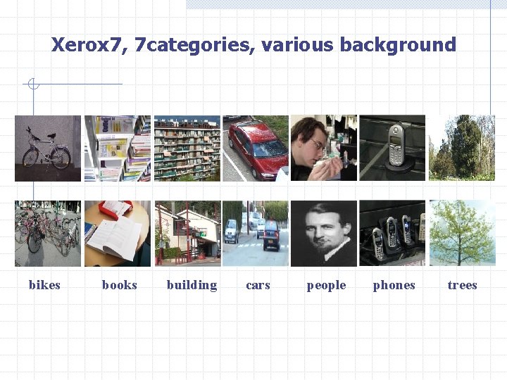 Xerox 7, 7 categories, various background bikes books building cars people phones trees 