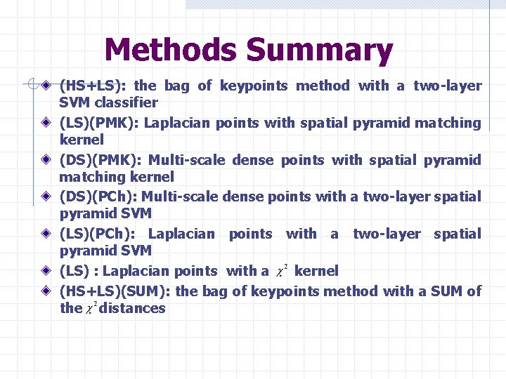 Methods Summary (HS+LS): the bag of keypoints method with a two-layer SVM classifier (LS)(PMK):