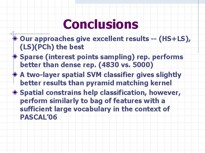 Conclusions Our approaches give excellent results -- (HS+LS), (LS)(PCh) the best Sparse (interest points