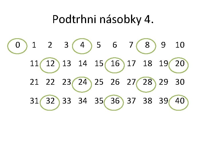 Podtrhni násobky 4. 0 1 2 3 4 5 6 7 8 9 10