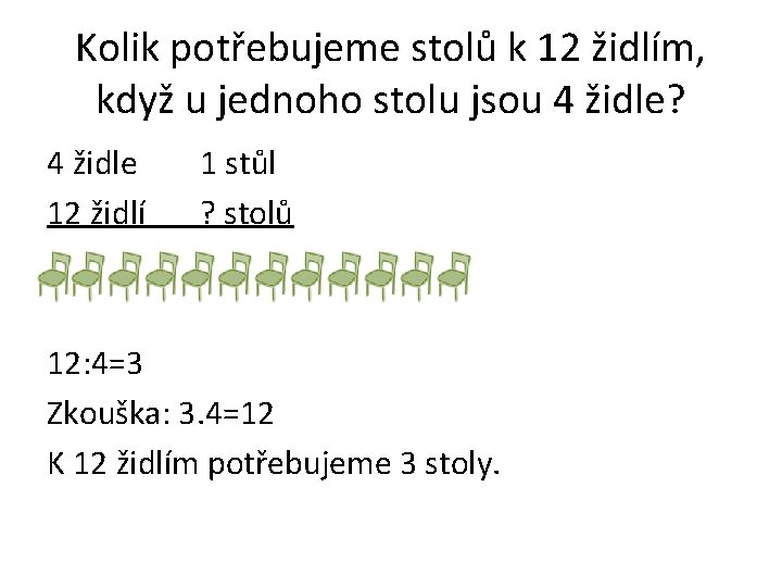 Kolik potřebujeme stolů k 12 židlím, když u jednoho stolu jsou 4 židle? 4