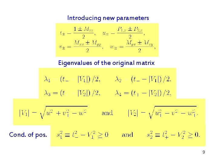 Introducing new parameters Eigenvalues of the original matrix Cond. of pos. 9 