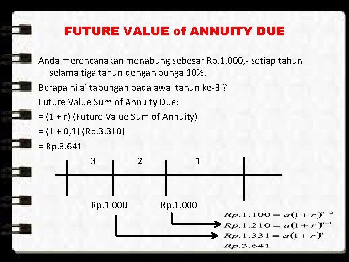 FUTURE VALUE of ANNUITY DUE Anda merencanakan menabung sebesar Rp. 1. 000, - setiap