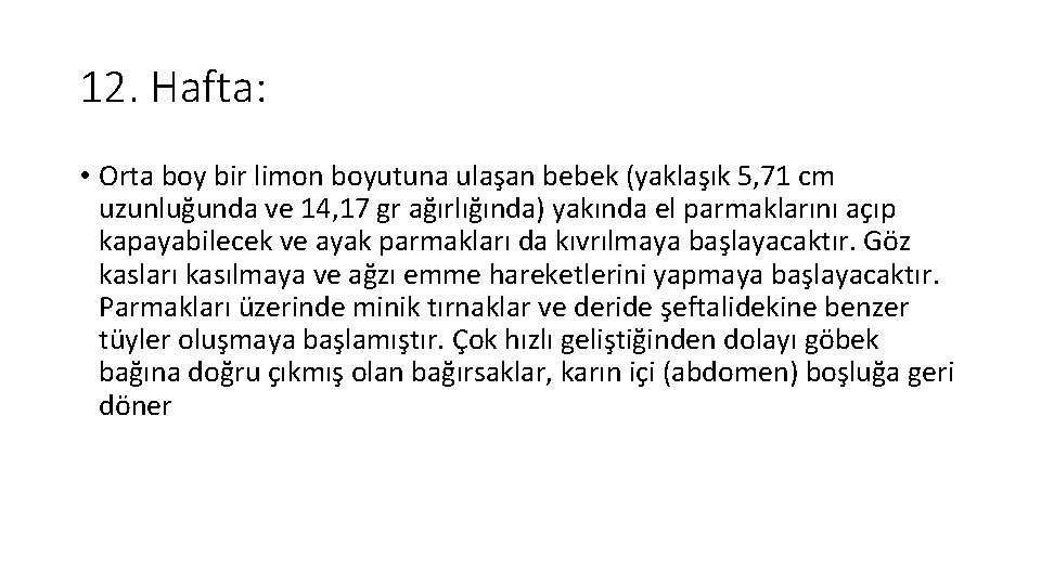 12. Hafta: • Orta boy bir limon boyutuna ulaşan bebek (yaklaşık 5, 71 cm