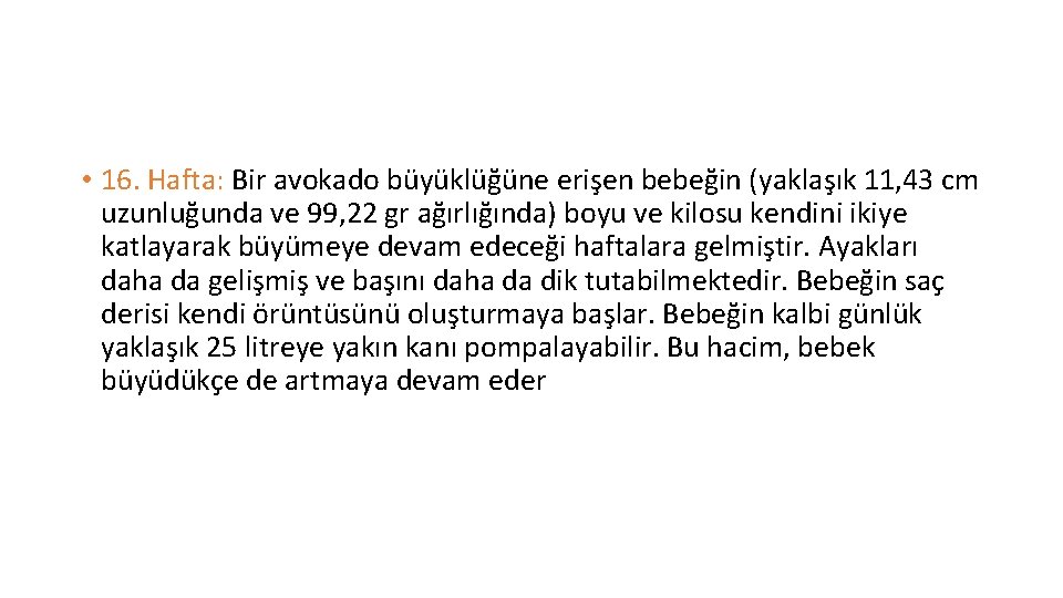  • 16. Hafta: Bir avokado büyüklüğüne erişen bebeğin (yaklaşık 11, 43 cm uzunluğunda