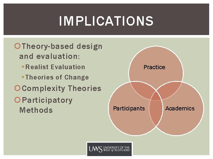 IMPLICATIONS Theory-based design and evaluation: § Realist Evaluation § Theories of Change Complexity Theories