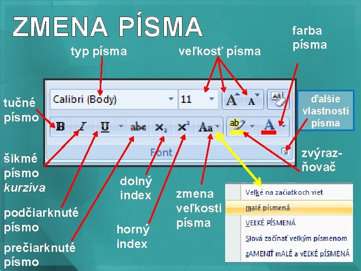 ZMENA PÍSMA typ písma veľkosť písma ďalšie vlastnosti písma tučné písmo šikmé písmo kurzíva