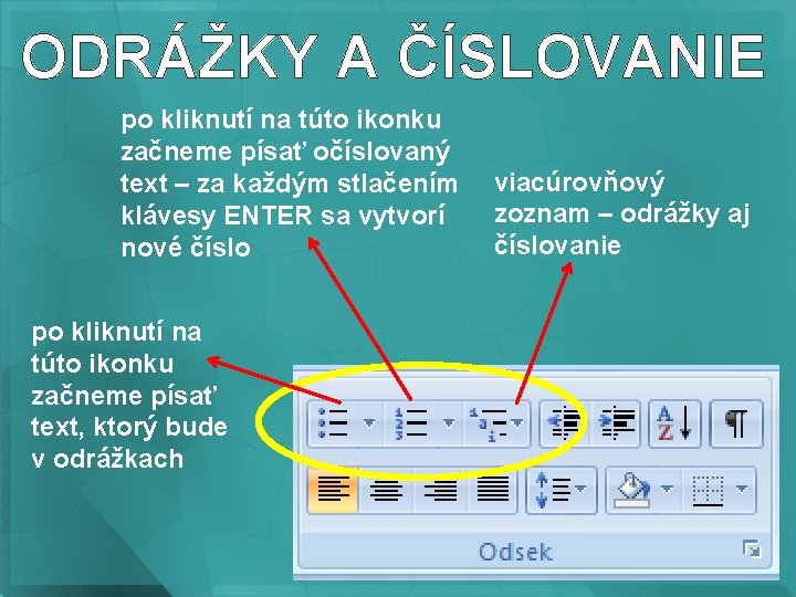 ODRÁŽKY A ČÍSLOVANIE po kliknutí na túto ikonku začneme písať očíslovaný text – za
