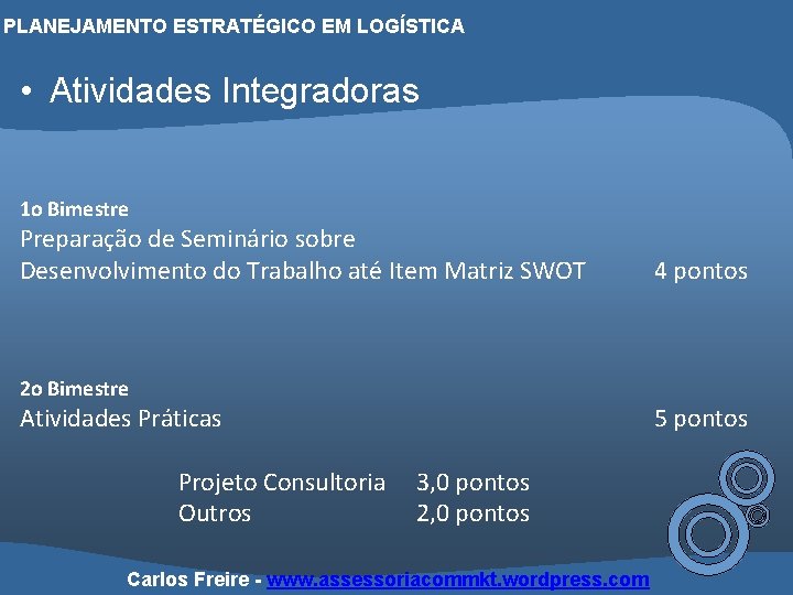 PLANEJAMENTO ESTRATÉGICO EM LOGÍSTICA • Atividades Integradoras 1 o Bimestre Preparação de Seminário sobre