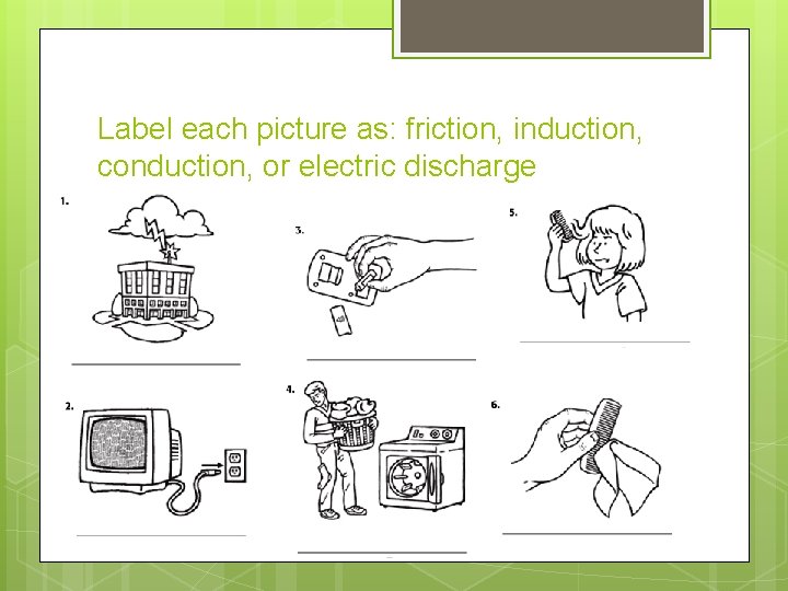 Label each picture as: friction, induction, conduction, or electric discharge 