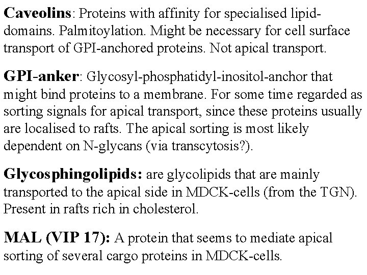 Caveolins: Proteins with affinity for specialised lipiddomains. Palmitoylation. Might be necessary for cell surface