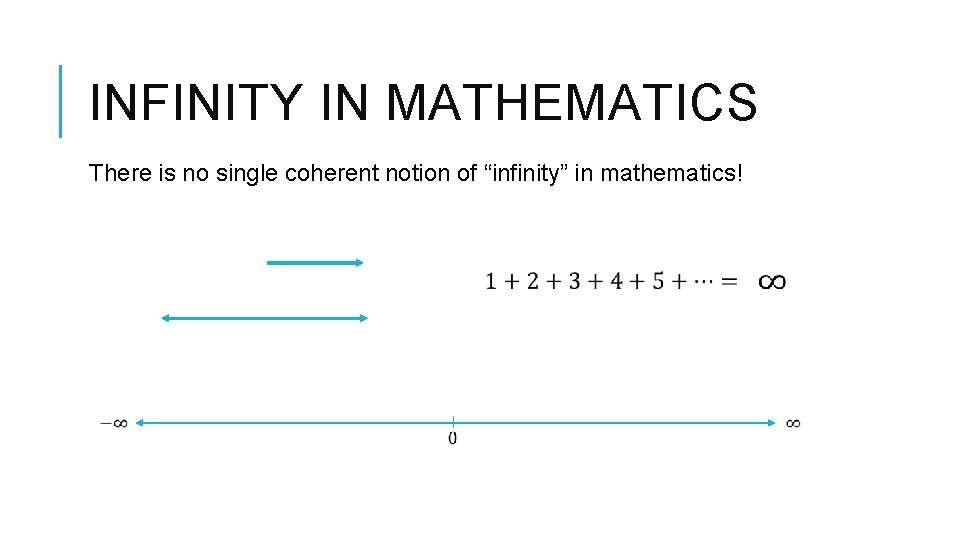 INFINITY IN MATHEMATICS There is no single coherent notion of “infinity” in mathematics! 