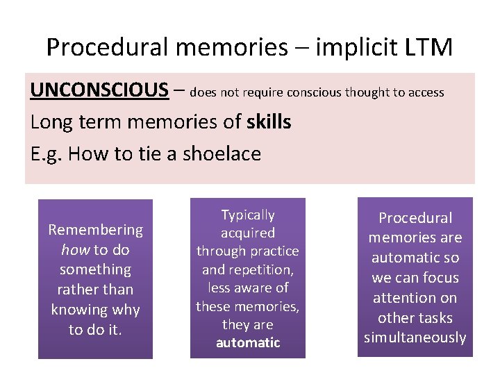 Procedural memories – implicit LTM UNCONSCIOUS – does not require conscious thought to access