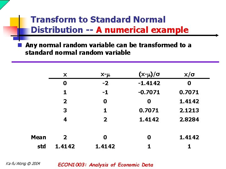 Transform to Standard Normal Distribution -- A numerical example n Any normal random variable