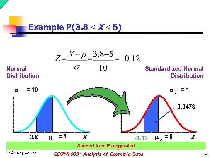 Example P(3. 8 X 5) Normal Distribution Standardized Normal Distribution = 10 Z =1