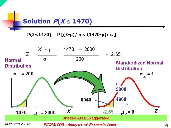 Solution P(X 1470) P(X<1470) = P [(X-µ)/ < (1470 -µ)/ ] Z Normal Distribution