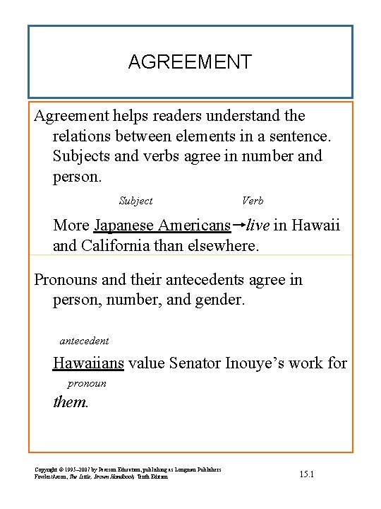 AGREEMENT Agreement helps readers understand the relations between elements in a sentence. Subjects and