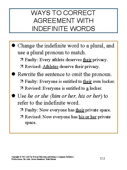 WAYS TO CORRECT AGREEMENT WITH INDEFINITE WORDS l Change the indefinite word to a