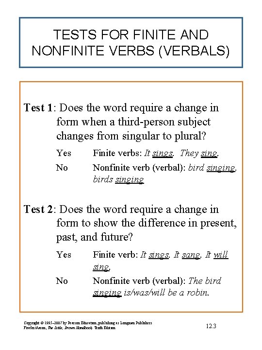 TESTS FOR FINITE AND NONFINITE VERBS (VERBALS) Test 1: Does the word require a