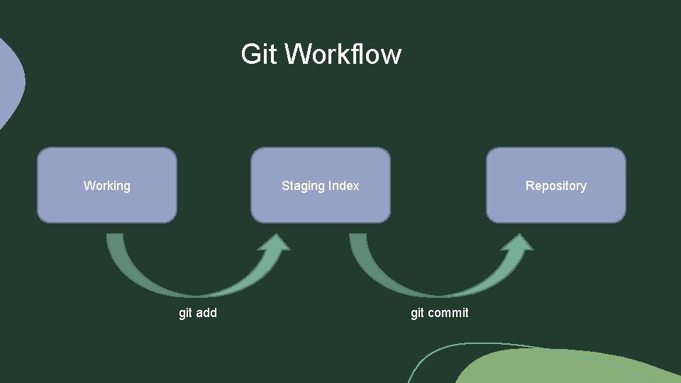 Git Workflow Working Staging Index git add Repository git commit 