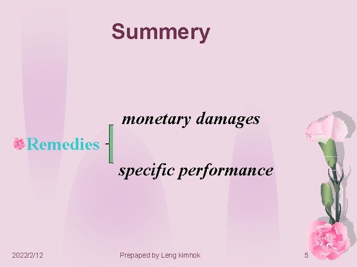 Summery monetary damages Remedies specific performance 2022/2/12 Prepaped by Leng kimhok 5 