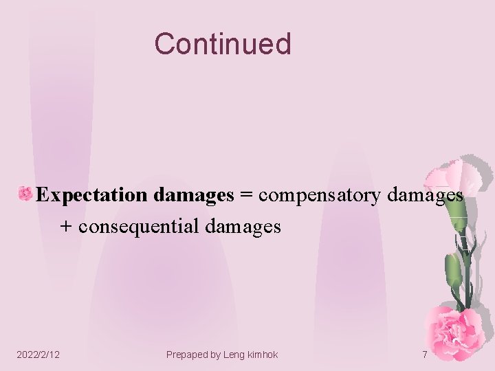 Continued Expectation damages = compensatory damages + consequential damages 2022/2/12 Prepaped by Leng kimhok