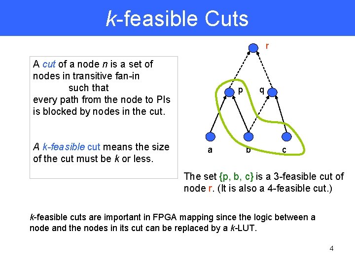 k-feasible Cuts r A cut of a node n is a set of nodes
