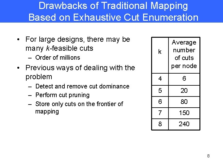 Drawbacks of Traditional Mapping Based on Exhaustive Cut Enumeration • For large designs, there