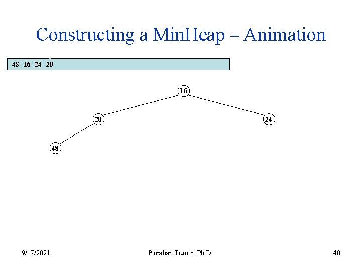 Constructing a Min. Heap – Animation 48 16 24 20 16 20 24 48
