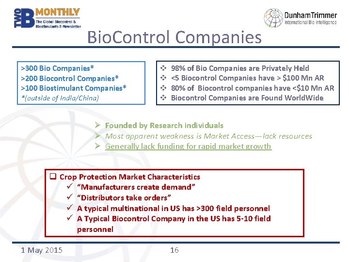 Bio. Control Companies >300 Bio Companies* >200 Biocontrol Companies* >100 Biostimulant Companies* *(outside of
