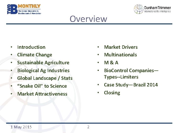 Overview • • Introduction Climate Change Sustainable Agriculture Biological Ag Industries Global Landscape /