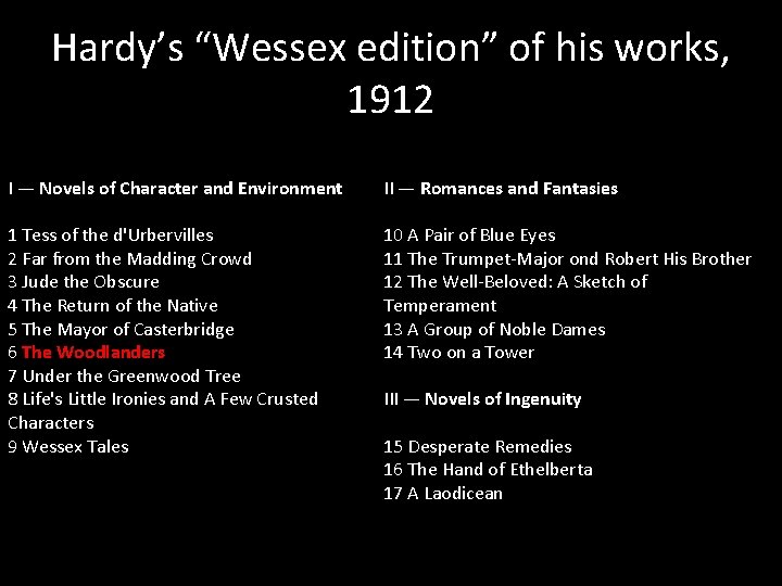 Hardy’s “Wessex edition” of his works, 1912 I — Novels of Character and Environment