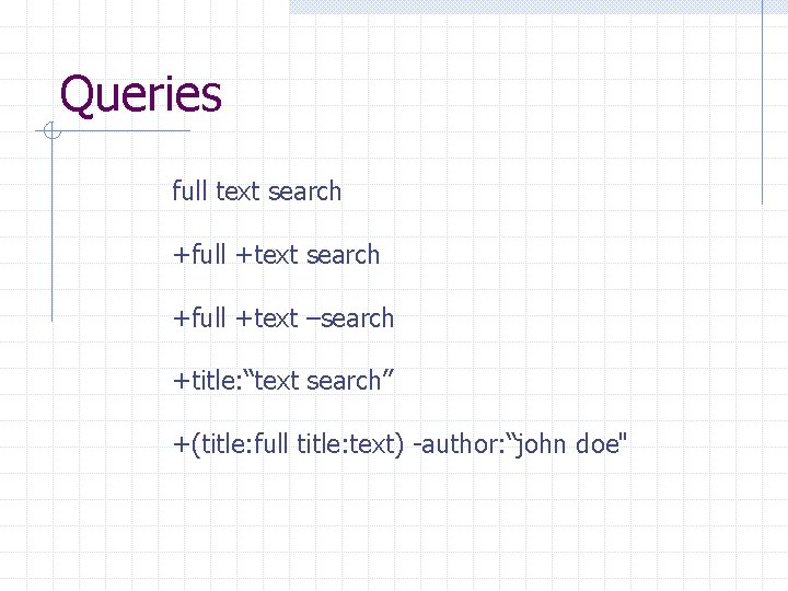 Queries full text search +full +text –search +title: “text search” +(title: full title: text)