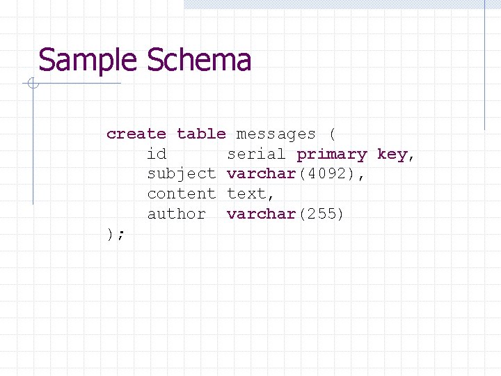 Sample Schema create table messages ( id serial primary key, subject varchar(4092), content text,
