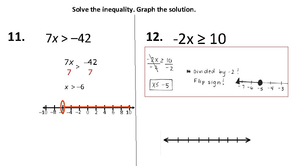 Solve the inequality. Graph the solution. 11. 12. 7 x > – 42 >