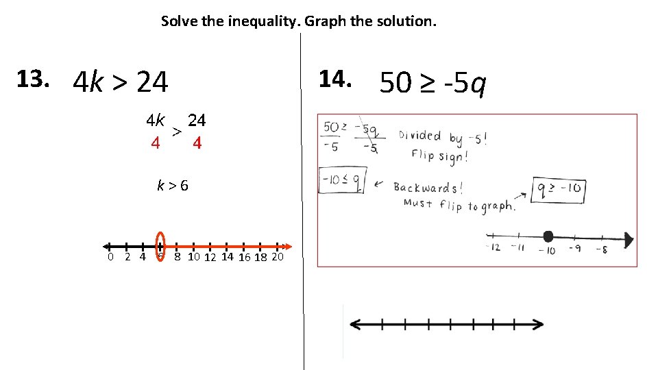 Solve the inequality. Graph the solution. 13. 4 k > 24 k>6 0 2
