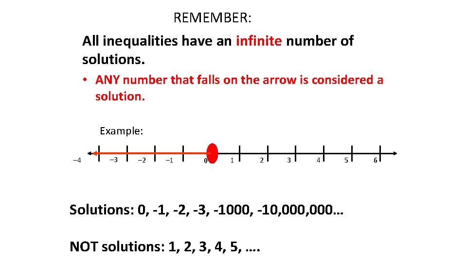 REMEMBER: All inequalities have an infinite number of solutions. • ANY number that falls