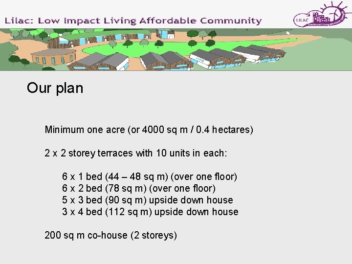 Our plan Minimum one acre (or 4000 sq m / 0. 4 hectares) 2