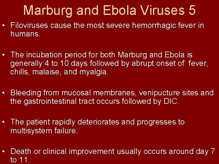 Marburg and Ebola Viruses 5 • Filoviruses cause the most severe hemorrhagic fever in