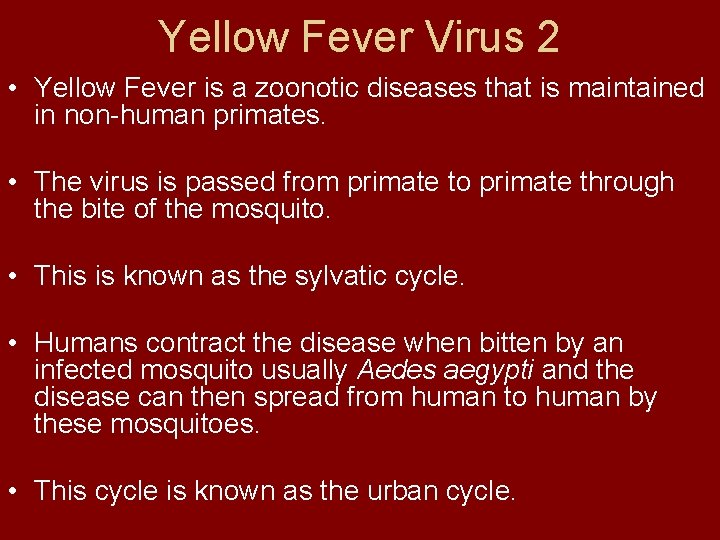 Yellow Fever Virus 2 • Yellow Fever is a zoonotic diseases that is maintained