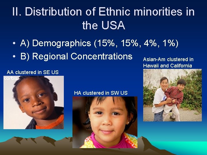 II. Distribution of Ethnic minorities in the USA • A) Demographics (15%, 4%, 1%)