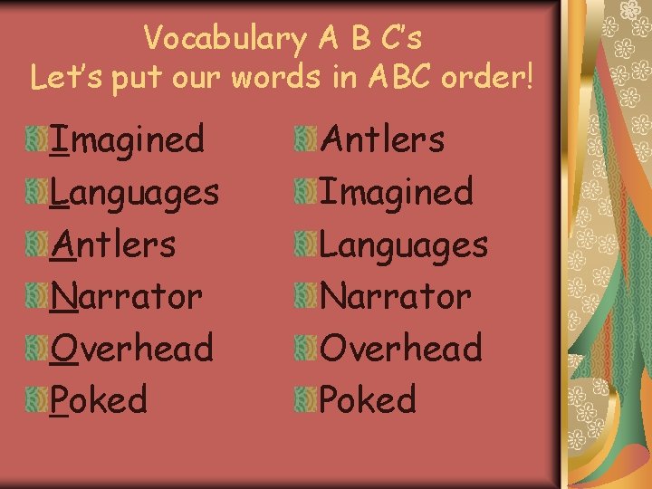 Vocabulary A B C’s Let’s put our words in ABC order! Imagined Languages Antlers