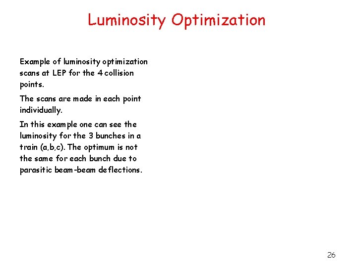 Luminosity Optimization Example of luminosity optimization scans at LEP for the 4 collision points.