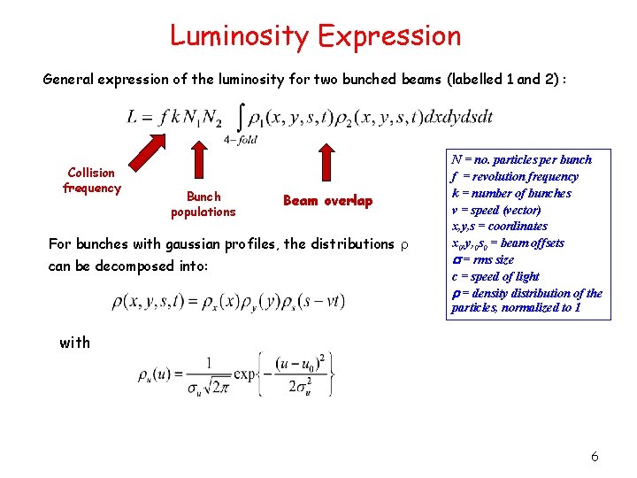 Luminosity Expression General expression of the luminosity for two bunched beams (labelled 1 and