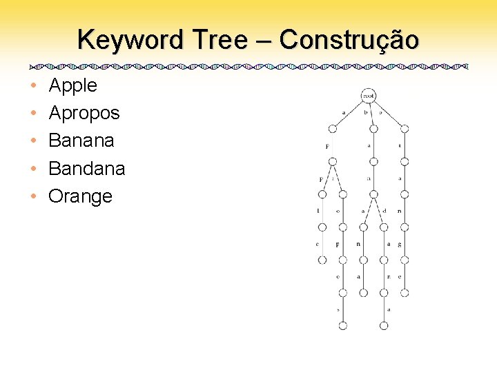 Keyword Tree – Construção • • • Apple Apropos Banana Bandana Orange 