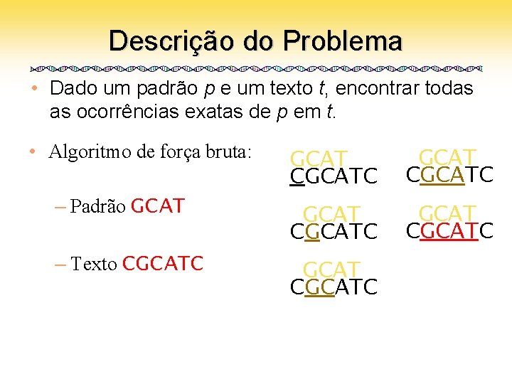 Descrição do Problema • Dado um padrão p e um texto t, encontrar todas