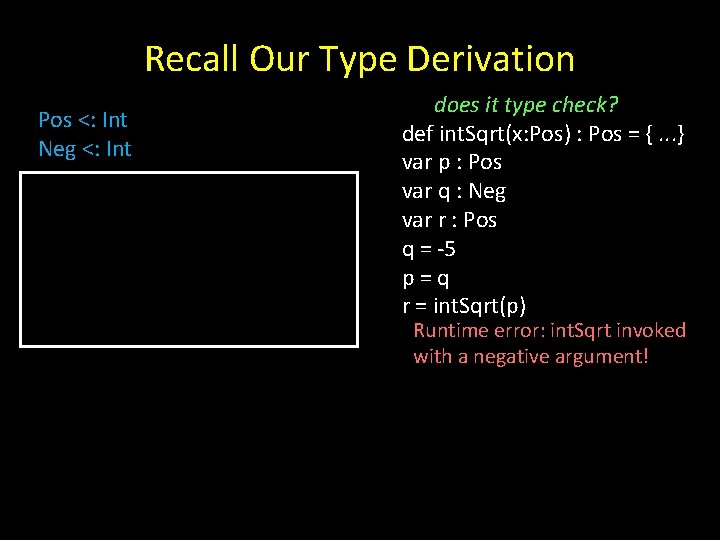 Recall Our Type Derivation Pos <: Int Neg <: Int does it type check?
