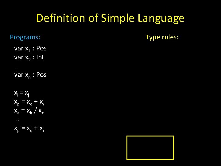 Definition of Simple Language Programs: var x 1 : Pos var x 2 :